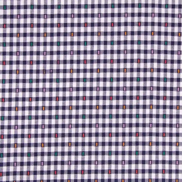 Multi Color Small Design On Navy Check Shirt Fabric