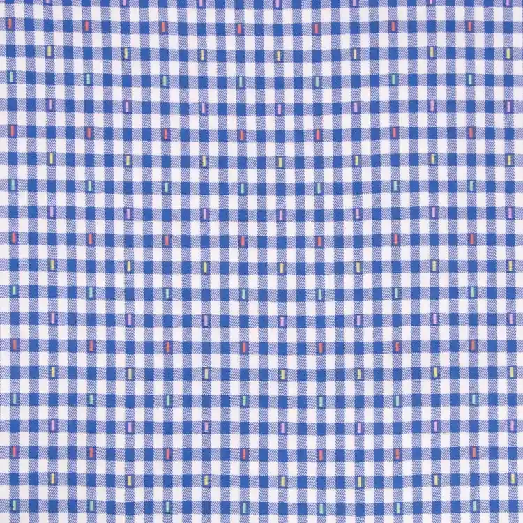 Multi Color Small Design On Blue Check Shirt Fabric