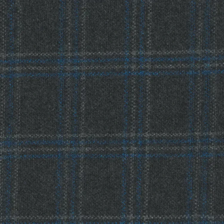 Dark Iron Gray with Blue Check Tweed Fabric