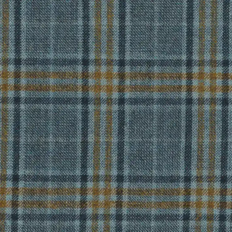 Teal Blue with Brown Blue Check Tweed Fabric