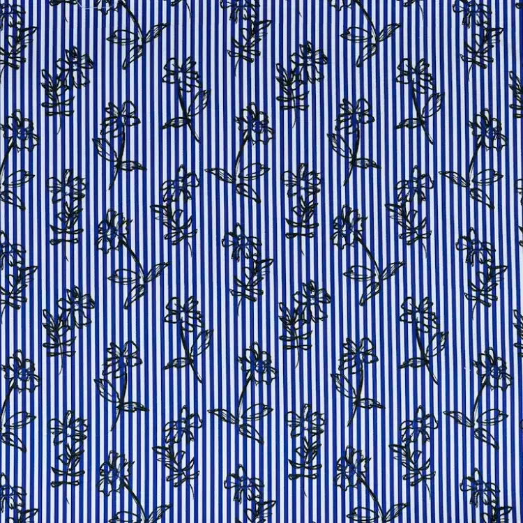 Blue and White Stripes with Black Floral Print