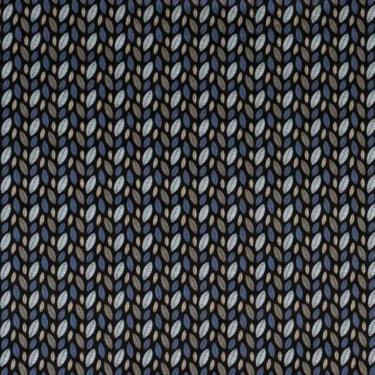 Black with Blue and Beige Leaves Pattern Print