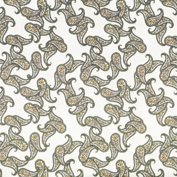 Off White with Green and Yellow Floral Paisley Print