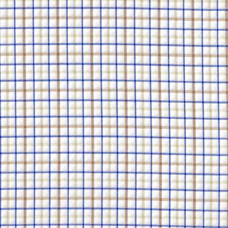 Brown and Blue Stripes in White Check Shirt Fabric