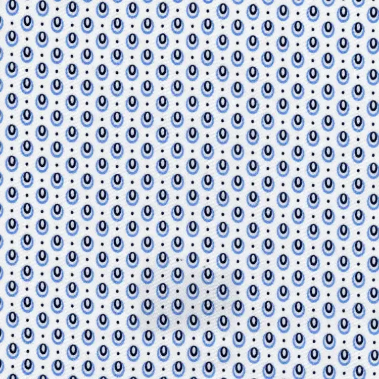 White with Blue & Navy Oval Geometric Printed Shirt Fabric