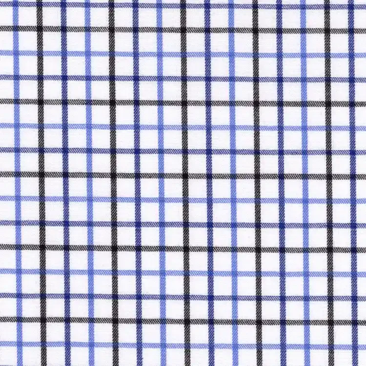 White with Black, Dark Blue and Blue Check Shirt Fabric