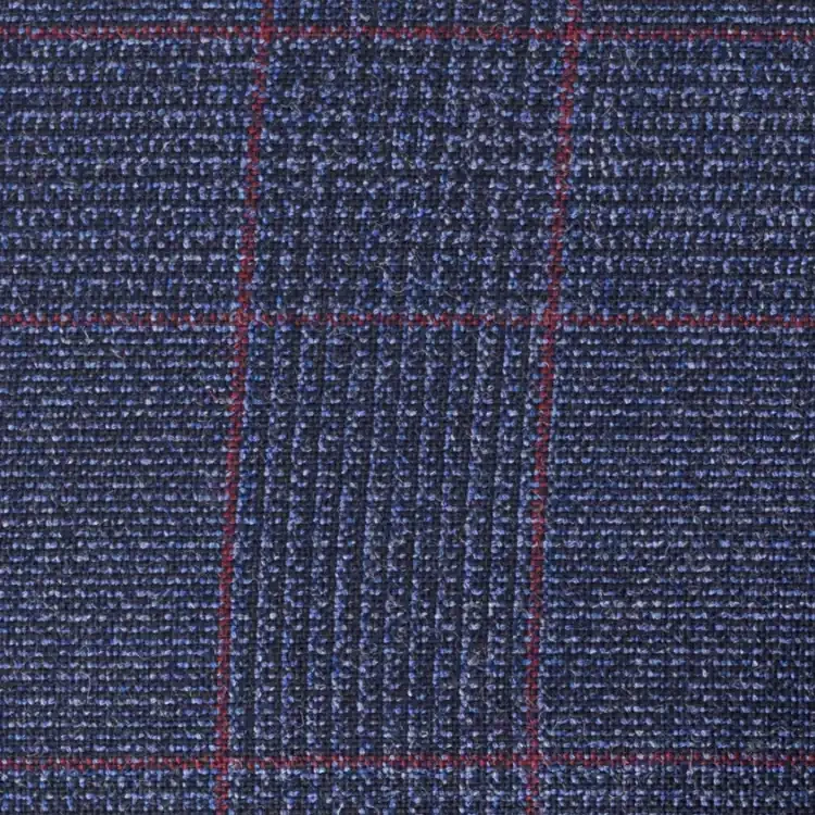Navy blue with Burgundy Windowpane Tweed Fabric